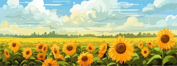 Pole Słonecznika Pięknych Wzgórzach Panorama Słoneczny Letni Dzień Krajobraz Wektor — Wektor stockowy