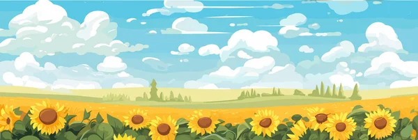 Подсолнух Поле Красивых Холмах Панорама Солнечный Летний День Пейзаж Векторная — стоковый вектор
