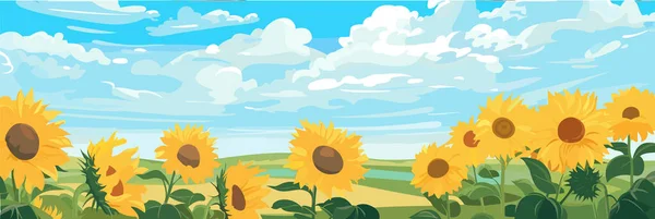 Sonnenblumenfeld Auf Wunderschönem Hügellandschaftspanorama Sonnige Sommertagslandschaft Vektorillustration — Stockvektor