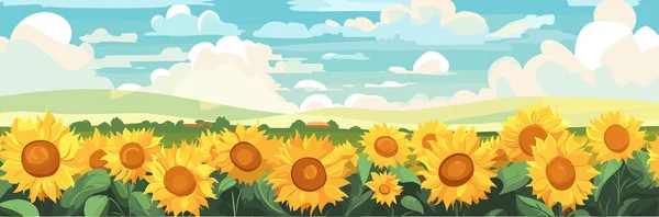 Подсолнух Поле Красивых Холмах Панорама Солнечный Летний День Пейзаж Векторная — стоковый вектор