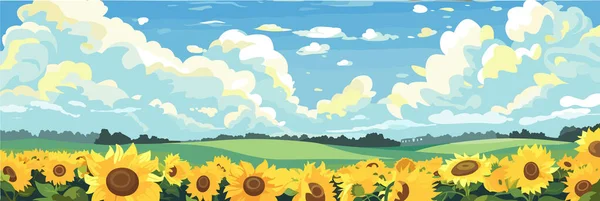 Sonnenblumenfeld Auf Wunderschönem Hügellandschaftspanorama Sonnige Sommertagslandschaft Vektorillustration — Stockvektor