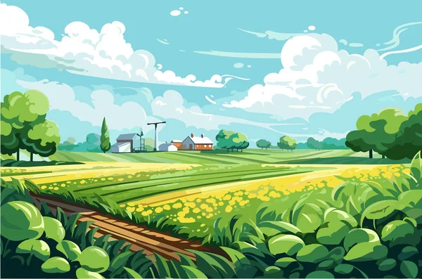 Landwirtschaft Feldarbeit Ernte Sonniger Tag Vektorflachdarstellung — Stockvektor