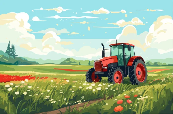 Zemědělství Práce Poli Sklizeň Slunečný Den Vektorová Plochá Ilustrace — Stockový vektor