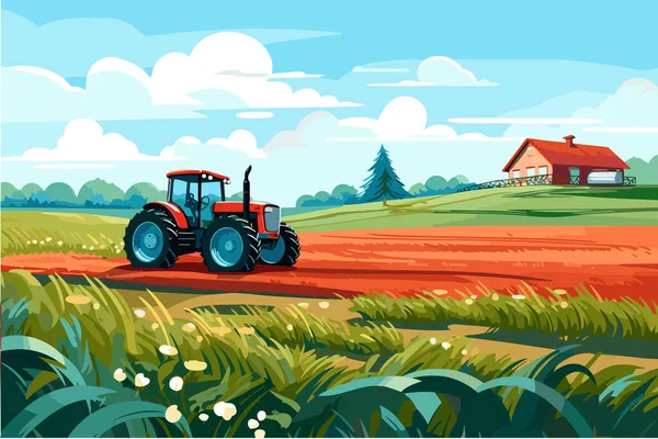 Zemědělství Práce Poli Sklizeň Slunečný Den Vektorová Plochá Ilustrace — Stockový vektor
