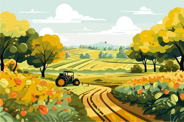 Agriculture Working Field Harvesting Sunny Day Vector Flat Illustration — Stock Vector