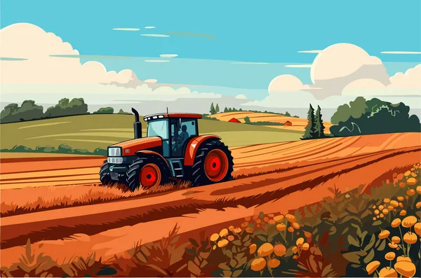 Agricultura Trabajo Campo Cosecha Día Soleado Ilustración Plana Vector — Archivo Imágenes Vectoriales