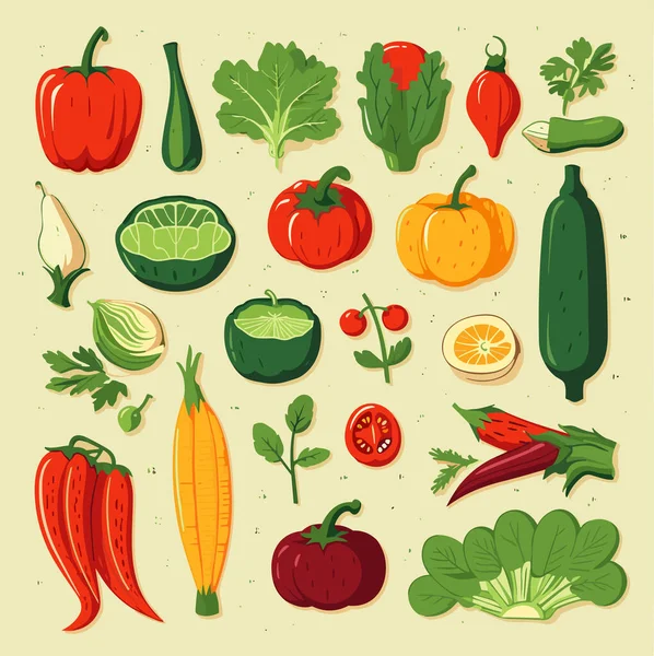 Φρέσκα Λαχανικά Για Υγιεινό Γεύμα Απομονωμένο Στο Ουδέτερο Φόντο Εικονογράφηση — Διανυσματικό Αρχείο