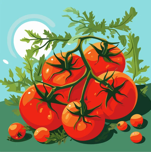 Tomates Vermelhos Maduros Com Folhas Ilustração Vetorial —  Vetores de Stock