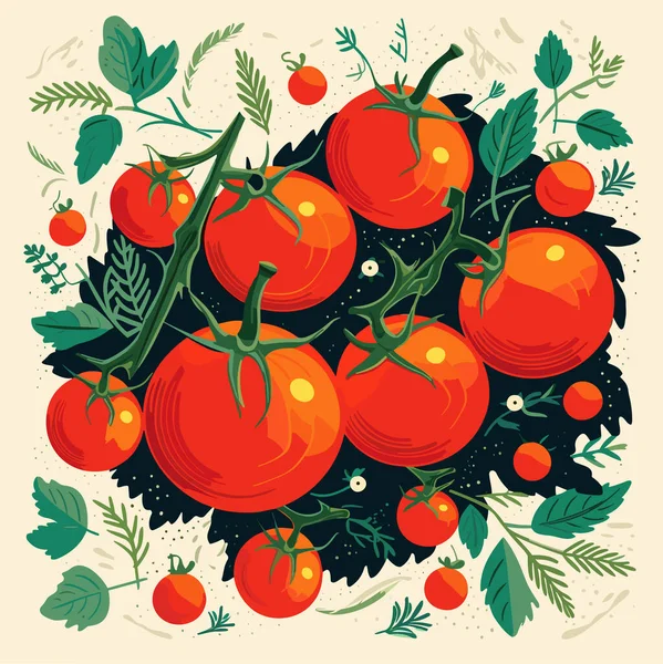 Ωρίμανση Κόκκινες Ντομάτες Φύλλα Διανυσματική Απεικόνιση — Διανυσματικό Αρχείο