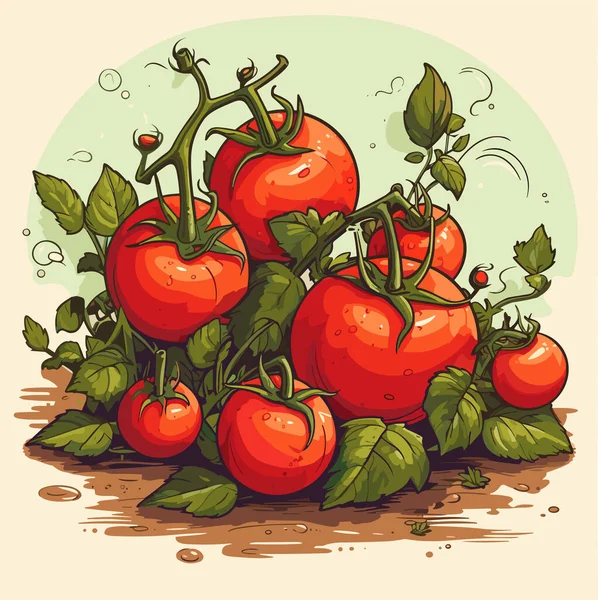 Pomodori Rossi Maturi Con Foglie Illustrazione Vettoriale — Vettoriale Stock