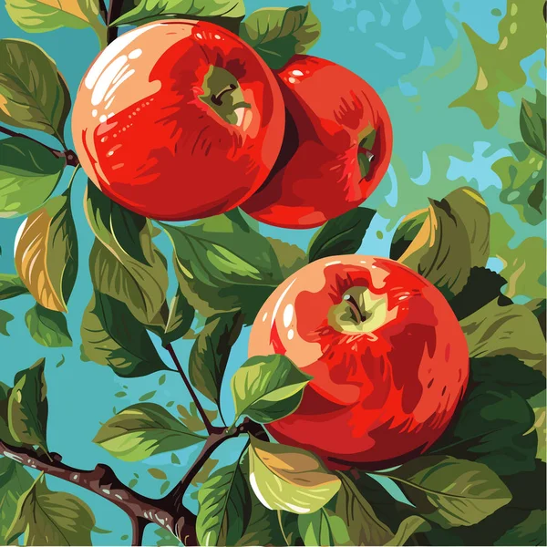 Few Red Ripe Apples Branch Leaves Vector Illustration — Stock Vector
