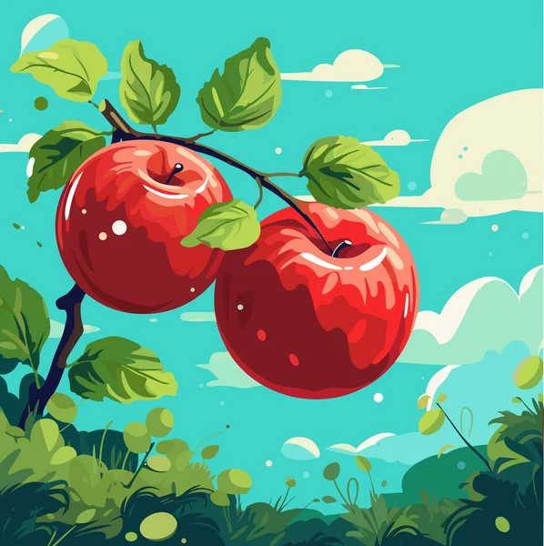 Kilka Czerwonych Dojrzałych Jabłek Gałęzi Liśćmi Ilustracja Wektora — Wektor stockowy