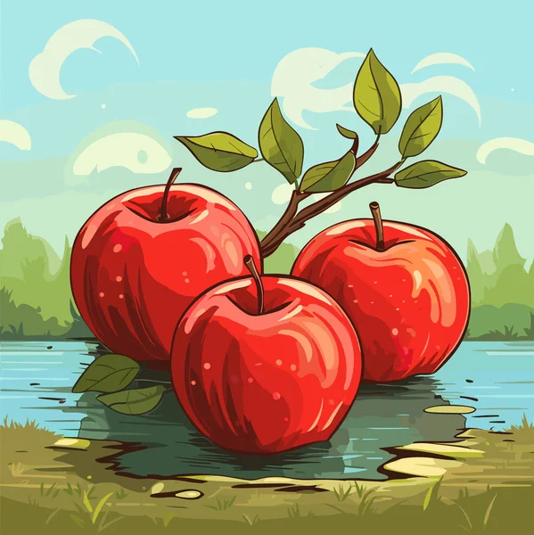 Een Paar Rode Rijpe Appels Tak Met Bladeren Vectorillustratie — Stockvector