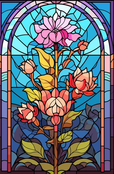 Illustration Glasmalereistil Mit Abstrakten Blumen Blättern Fischen Und Locken Rechteckiges — Stockvektor
