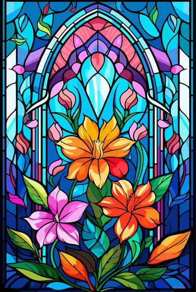带有抽象花朵 叶子和卷曲 矩形图像的彩色玻璃样式的图解 矢量说明 — 图库矢量图片