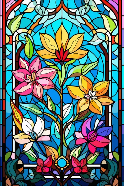 抽象的な花 カール 長方形のイメージのステンドグラススタイルのイラスト ベクトルイラスト — ストックベクタ