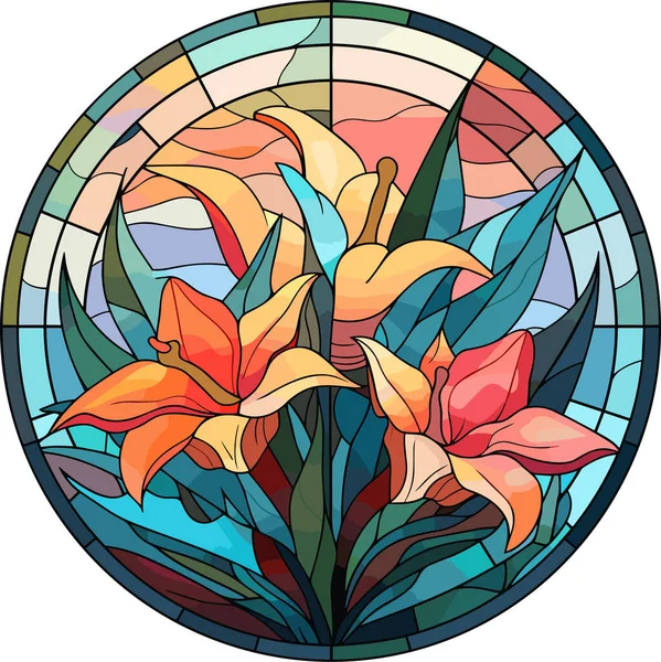 Illustration Glasmalereistil Mit Abstrakten Blumen Blättern Und Locken Rundes Bild — Stockvektor