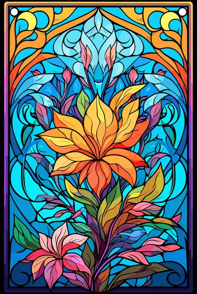 Ilustrace Stylu Barevného Skla Abstraktními Květy Listy Kudrlinkami Obdélníkový Obraz — Stockový vektor