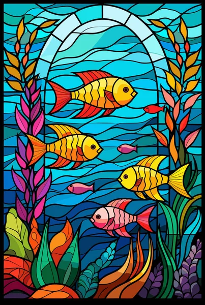 추상적인 물고기와 직사각형 이미지와 스테인드 스타일의 일러스트 일러스트 — 스톡 벡터