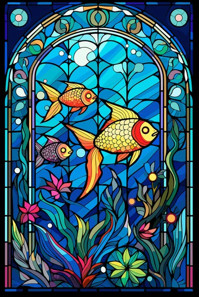 Иллюстрация Витражном Стиле Абстрактными Цветами Листьями Рыбами Кудрями Прямоугольным Изображением — стоковый вектор