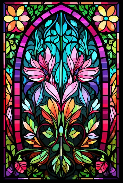 Illustration Glasmalereistil Mit Abstrakten Blumen Blättern Und Locken Rechteckiges Bild — Stockvektor