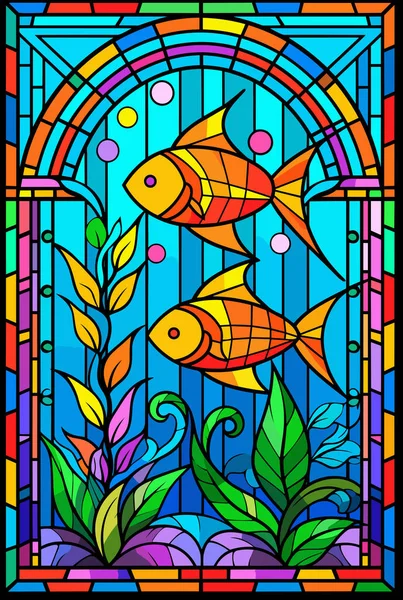 Illustration Glasmalereistil Mit Abstrakten Blumen Blättern Fischen Und Locken Rechteckiges — Stockvektor