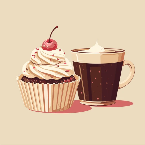 Eine Tasse Kaffee Und Ein Kuchen Auf Einem Teller Vektorillustration — Stockvektor