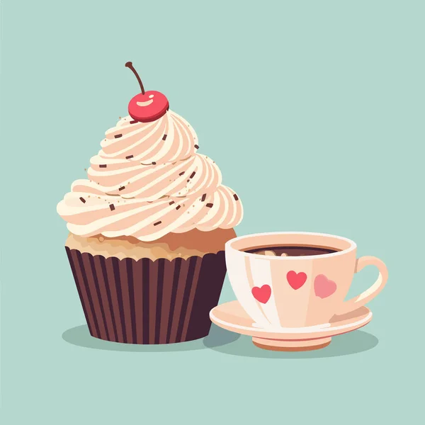 Чашка Кави Торт Тарілці Векторні Ілюстрації Десерт Кава Торт — стоковий вектор