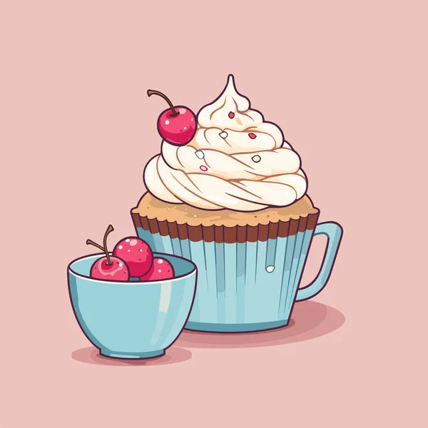 Egy Csésze Kávé Egy Torta Egy Tányéron Vektor Illusztráció Desszert — Stock Vector