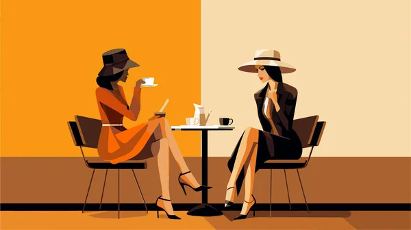 Girl Drinking Coffee Young Stylish Girl Sitting Cafe Vector Flat — Stock Vector