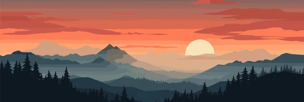 Panorama Krásná Horská Večer Krajina Vektorová Plochá Ilustrace — Stockový vektor
