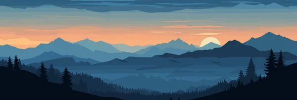Panorama Frumos Peisaj Seară Montan Vector Ilustrație Plană — Vector de stoc