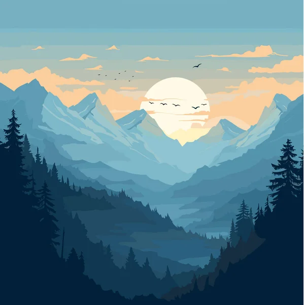 Прекрасний Зелений Гірський Вечірній Пейзаж Векторні Плоскі Ілюстрації — стоковий вектор