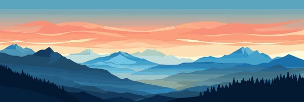 Панорама Прекрасний Гірський Вечірній Пейзаж Векторні Плоскі Ілюстрації — стоковий вектор