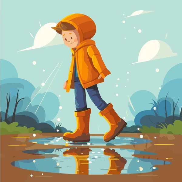 Cartoon Boy Running Wearing Raincoat Boots Rain Vector Illustration — Stock Vector
