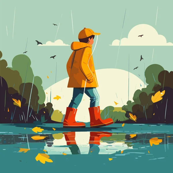 Cartoon Boy Running Wearing Raincoat Boots Rain Vector Illustration — Stock Vector