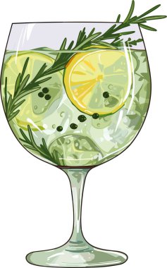 Classic alcoholic cocktail gin and tonic in glass. Refreshing drink with lime orange and ice. Vector illustration clipart