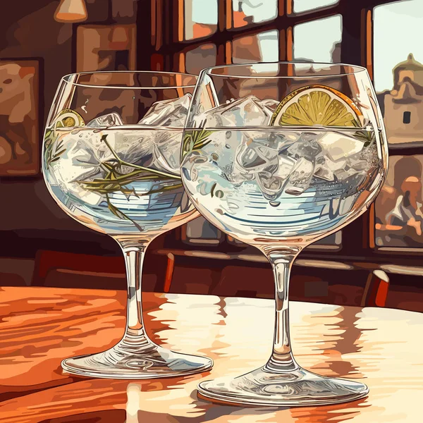 Klassieke Alcoholische Gin Tonic Twee Glazen Verfrissend Drankje Met Limoen — Stockvector