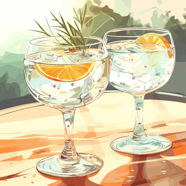 古典的なアルコールカクテルジンとトニック2杯 ライムオレンジとアイスで爽やかなドリンク ベクトルイラスト — ストックベクタ