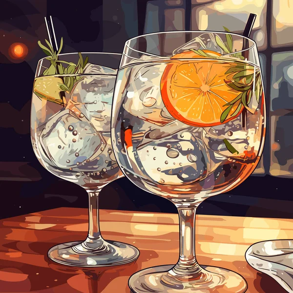 古典的なアルコールカクテルジンとトニック2杯 ライムオレンジとアイスで爽やかなドリンク ベクトルイラスト — ストックベクタ