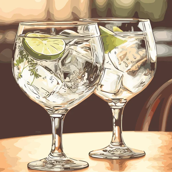 Gin Cocktail Alcoolisé Classique Tonique Dans Deux Verres Boisson Rafraîchissante — Image vectorielle