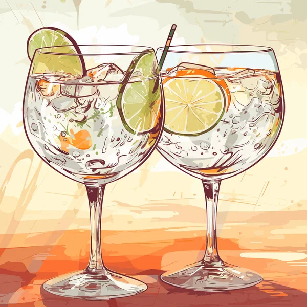 Klasyczny Koktajl Alkoholowy Gin Tonikiem Dwóch Szklankach Odświeżający Napój Limonkową — Wektor stockowy