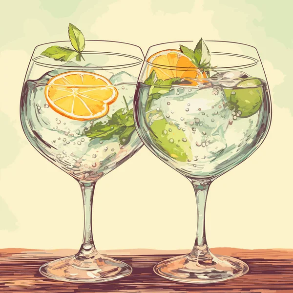 Klasyczny Koktajl Alkoholowy Gin Tonikiem Dwóch Szklankach Odświeżający Napój Limonkową — Wektor stockowy