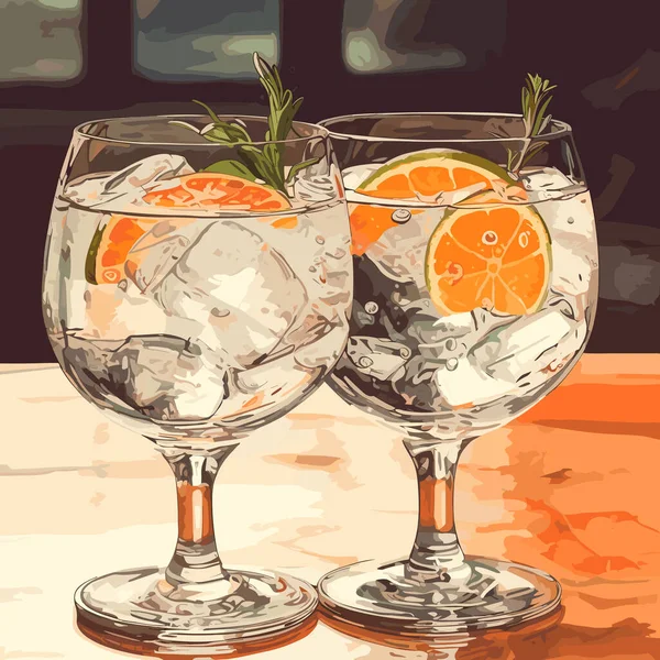 Clásico Cóctel Alcohólico Gin Tonic Dos Vasos Bebida Refrescante Con — Archivo Imágenes Vectoriales