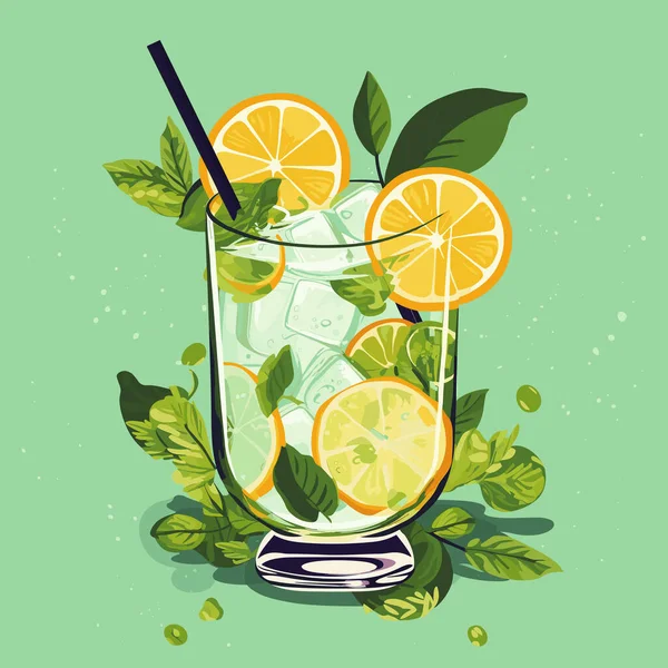 Klassieke Alcoholische Gin Tonic Glas Verfrissend Drankje Met Limoen Sinaasappel — Stockvector