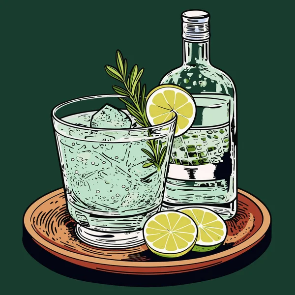 Klassieke Alcoholische Gin Tonic Glas Fles Verfrissend Drankje Met Limoen — Stockvector