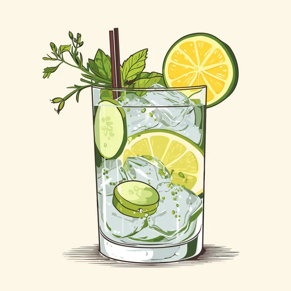 Klassischer Alkoholischer Cocktail Gin Tonic Glas Erfrischendes Getränk Mit Limettenorange — Stockvektor