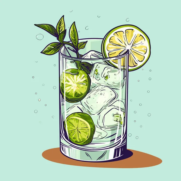 Klassieke Alcoholische Gin Tonic Glas Verfrissend Drankje Met Limoen Sinaasappel — Stockvector