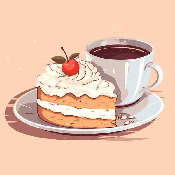 おいしいおいしいおいしいケーキとホットコーヒーのカップ スイートベーカリーとホットドリンク ユミー 漫画スタイルの隔離ベクトルイラスト — ストックベクタ