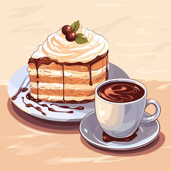 맛있는 케이크의 맛있는 평화와 뜨거운 커피의 달콤한 빵집과 뜨거운 스타일의 — 스톡 벡터
